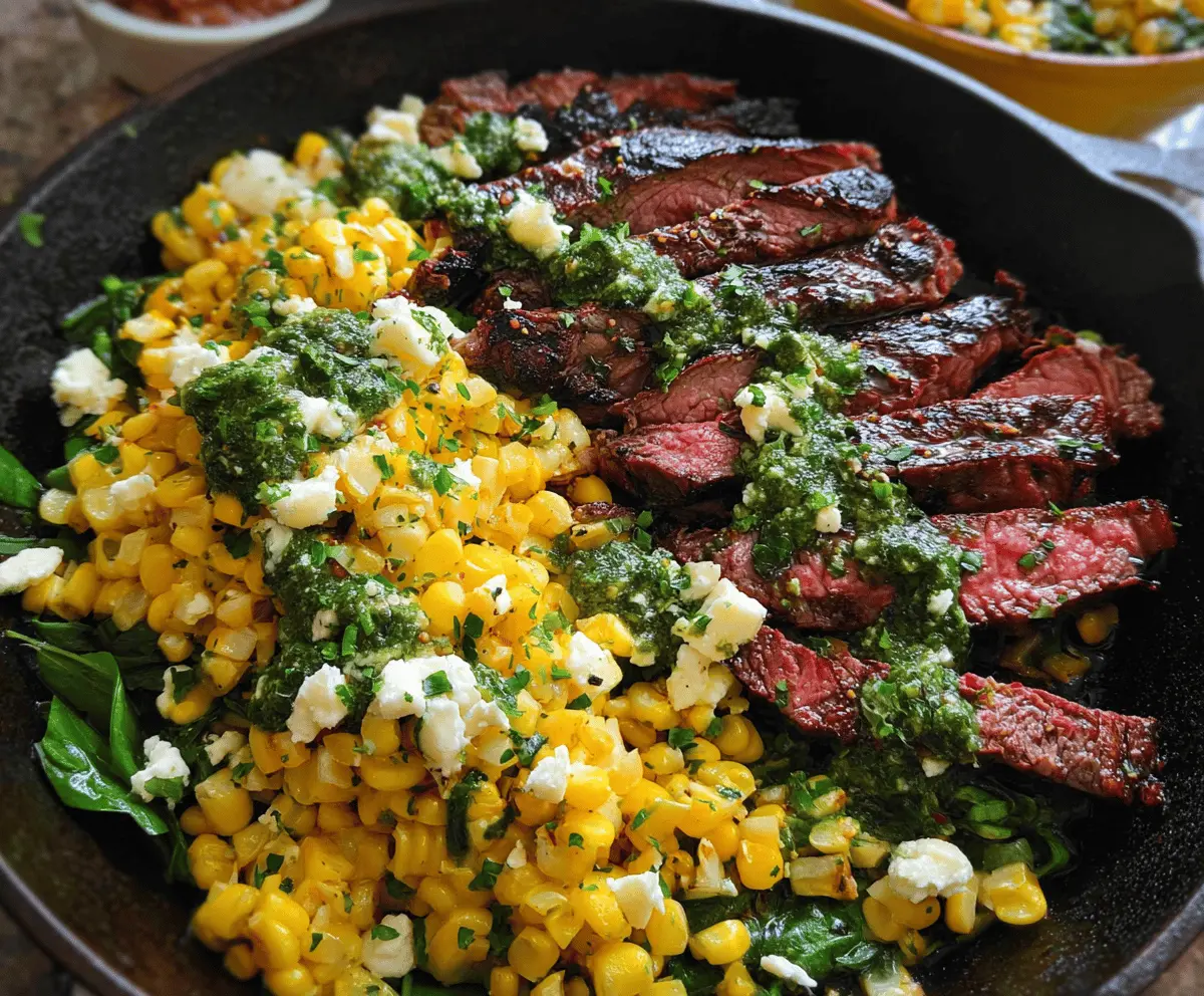 Easy Flank Steak with Corn, Feta & Spinach Sauce