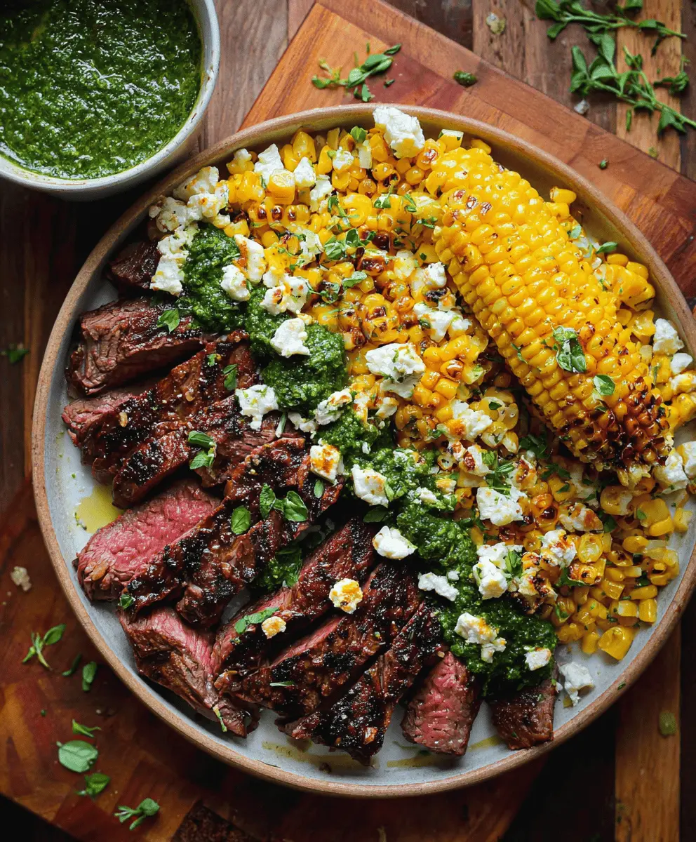 Easy Flank Steak with Corn, Feta & Spinach Sauce