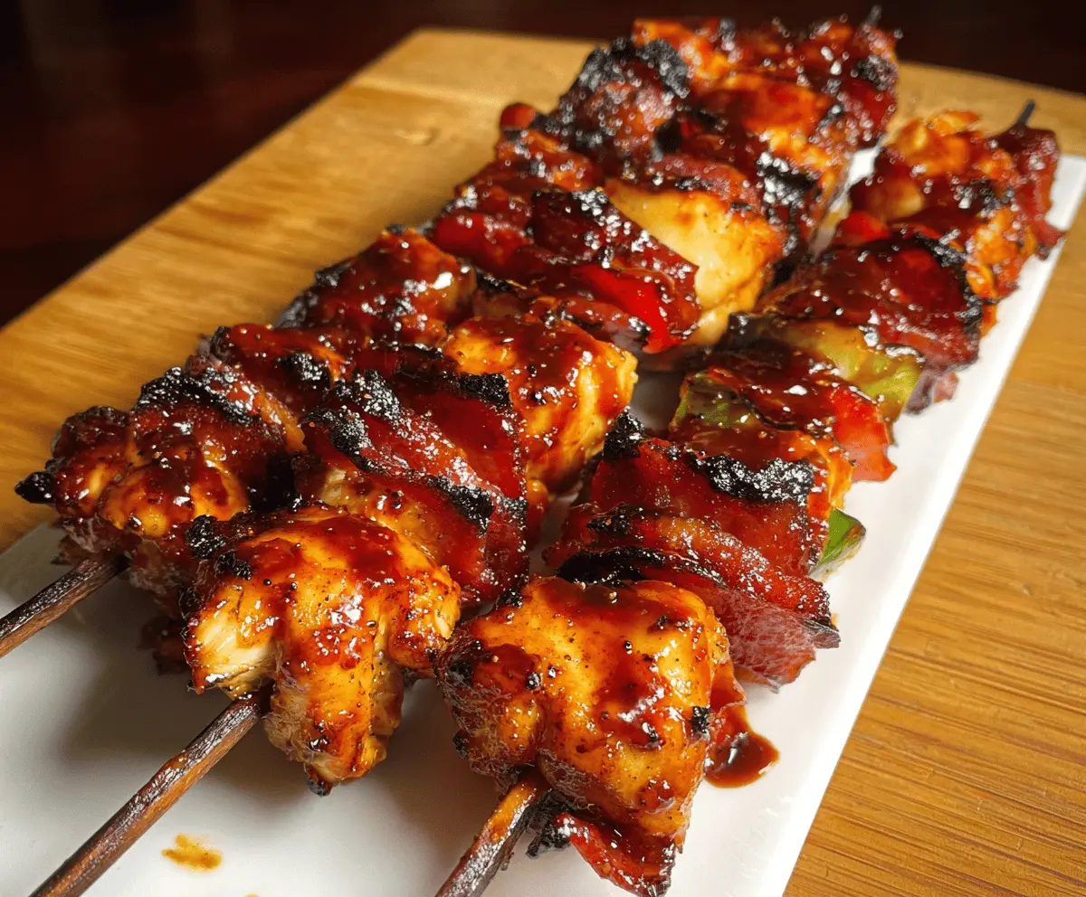 Easy Bourbon Bacon BBQ Chicken Kebabs