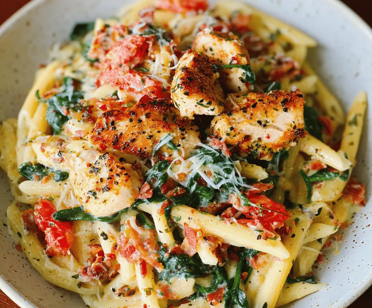 Creamy Chicken Bacon Pasta With Spinach & Tomatoes