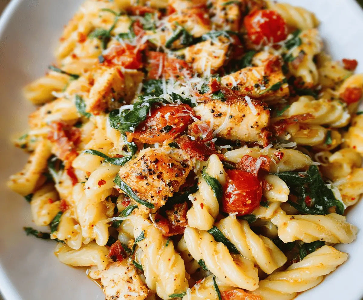 Creamy Chicken Bacon Pasta With Spinach & Tomatoes
