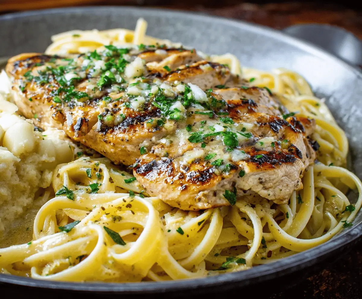 Creamy Buttery Garlic Chicken Over Fettuccine