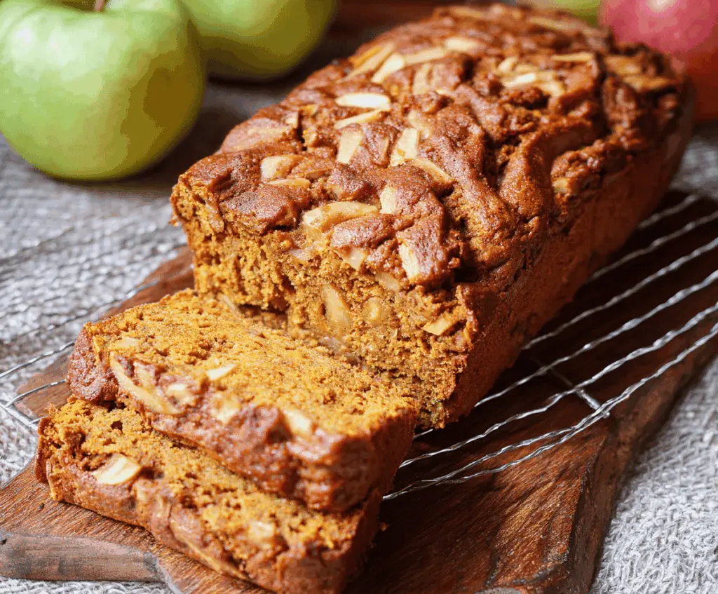 Delicious homemade apple pumpkin bread topped with walnuts and cinnamon slices, perfect for fall baking.