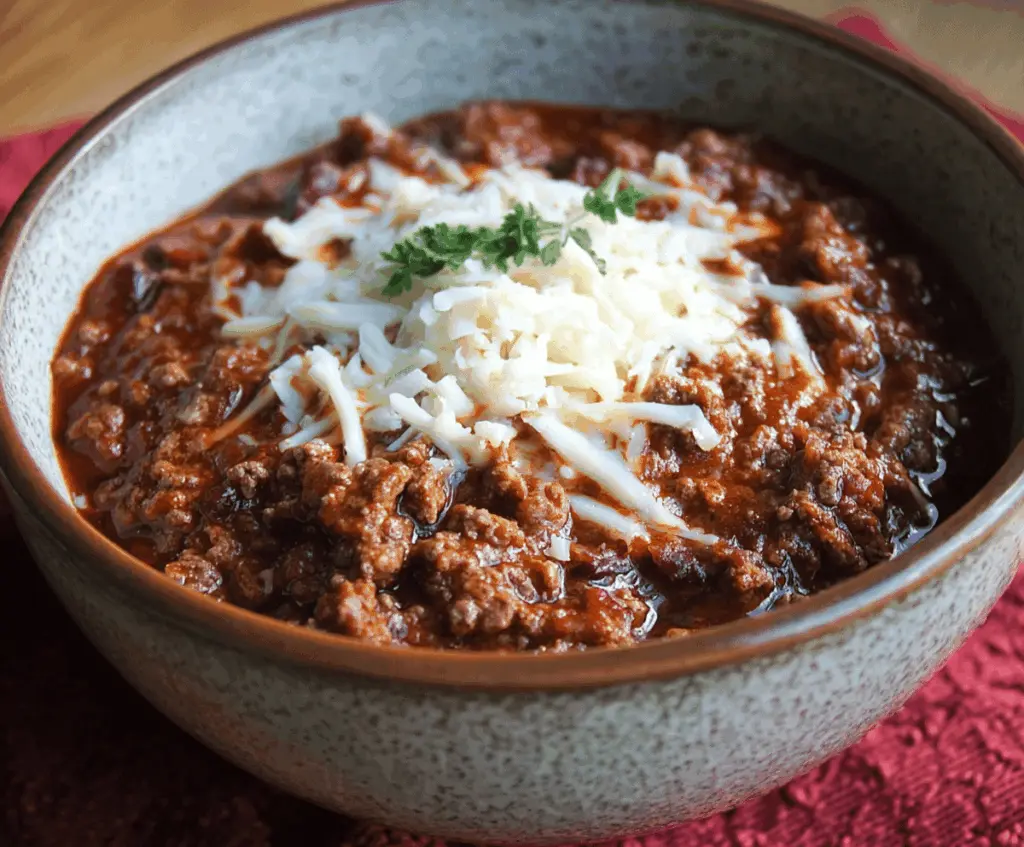 Delicious bowl of authentic Texas-style chili with tender beef and rich spices, no beans, perfect for hearty comfort food