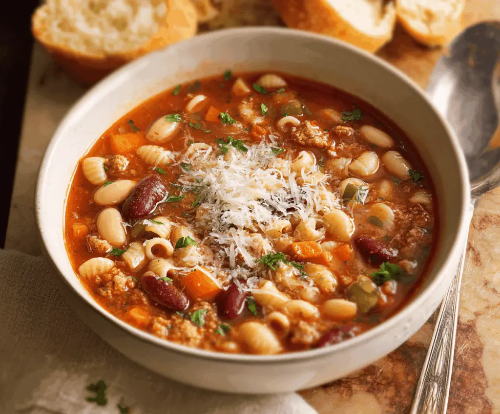 Creamy and hearty Olive Garden Pasta e Fagioli soup featuring beans, pasta, and fresh herbs in a bowl