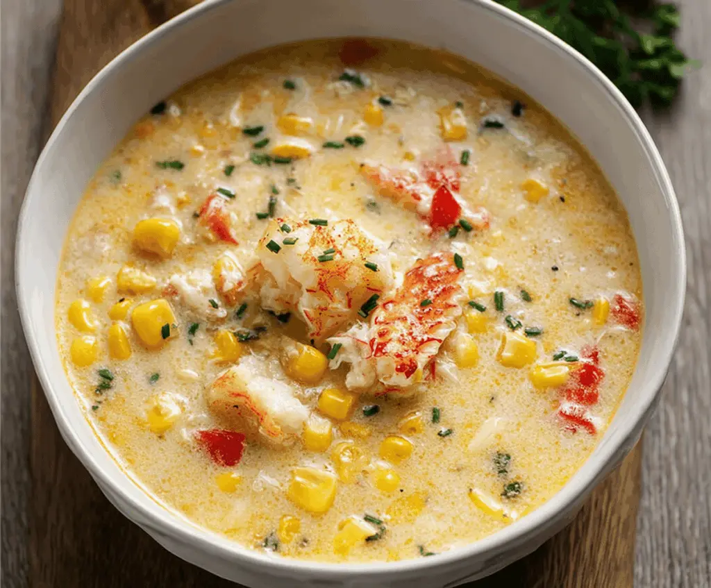 Creamy crab and corn chowder in a bowl, garnished with fresh herbs, from Bobby Flay’s seafood recipe.