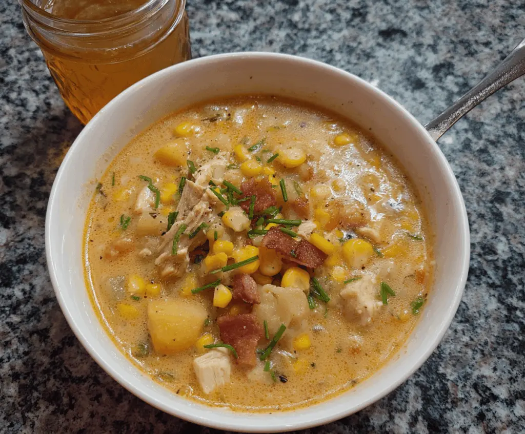 Creamy chicken corn chowder in a bowl garnished with fresh herbs, served with bread on a rustic wooden table.