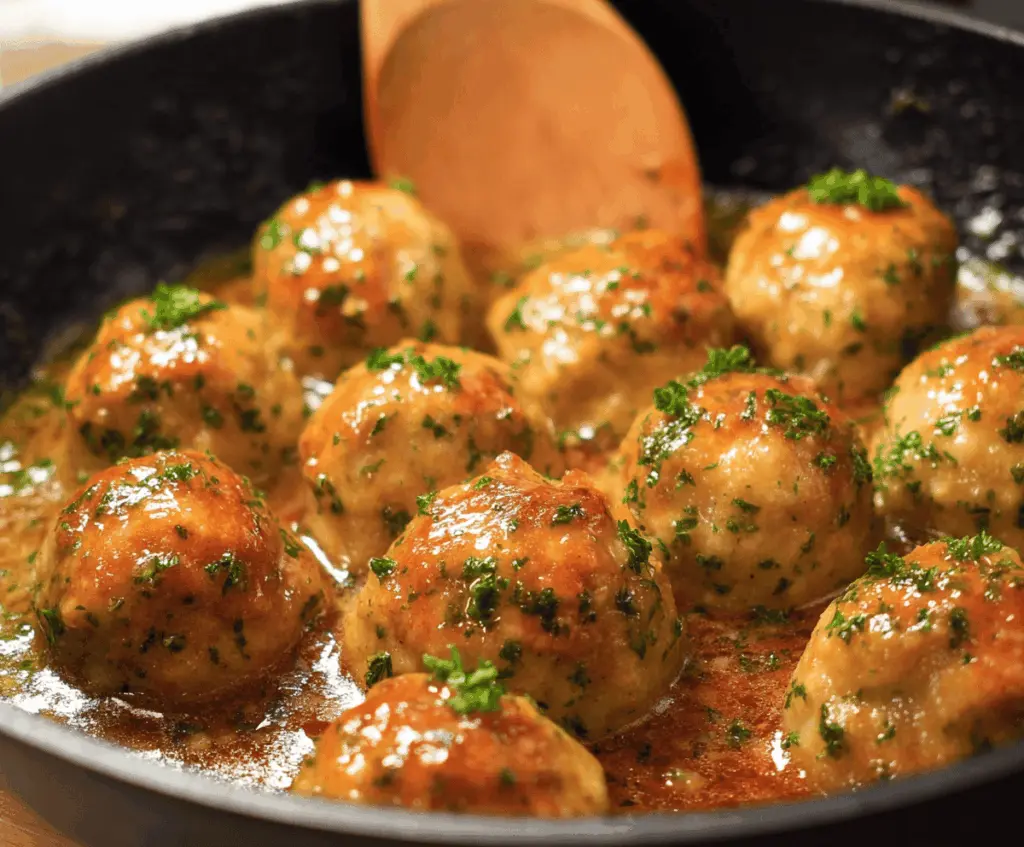 Juicy homemade chicken meatballs garnished with fresh herbs on a white plate, perfect for a healthy meal
