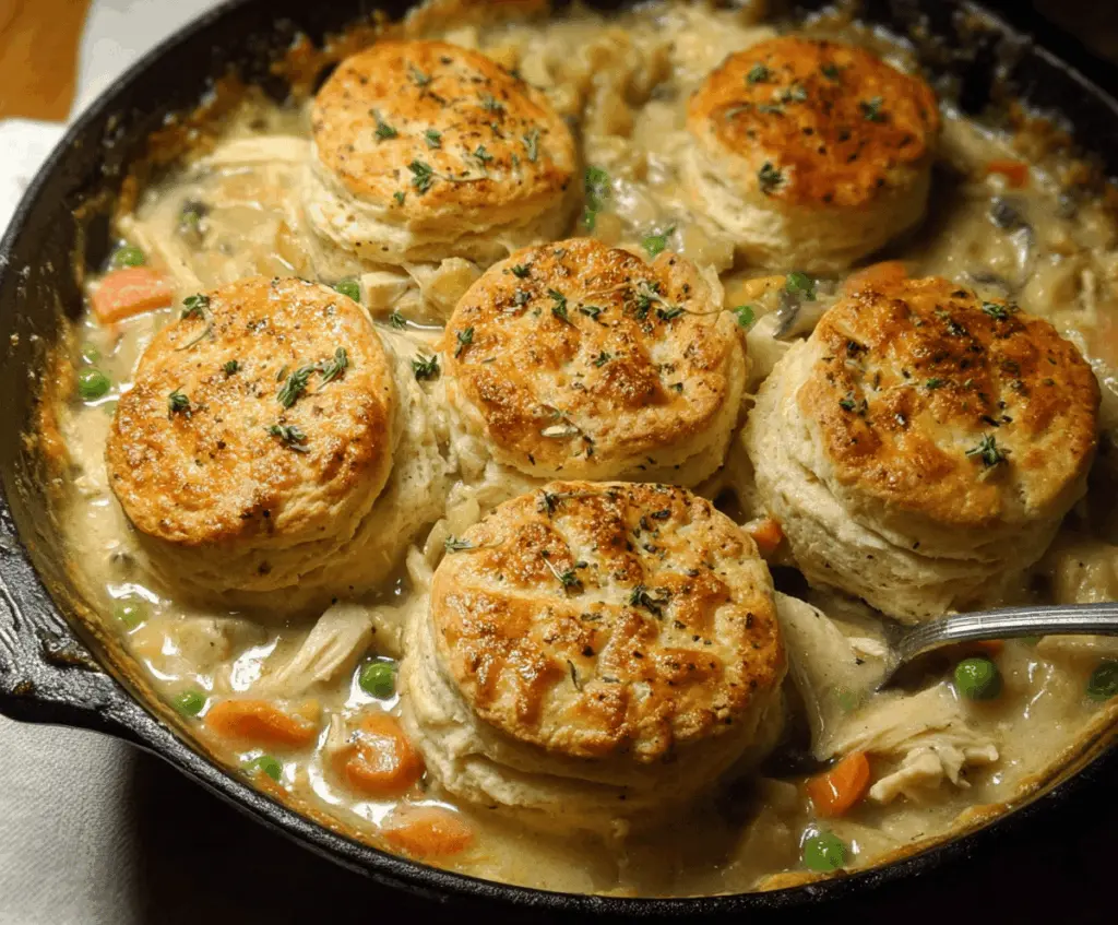 Delicious homemade chicken pot pie topped with flaky biscuits, featuring tender chicken, vegetables, and creamy gravy in a golden crust