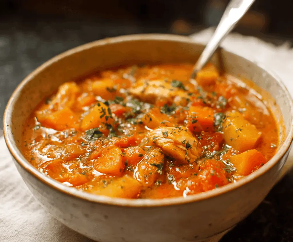 Hearty chicken stew with tender butternut squash chunks in a flavorful broth, perfect for a comforting meal