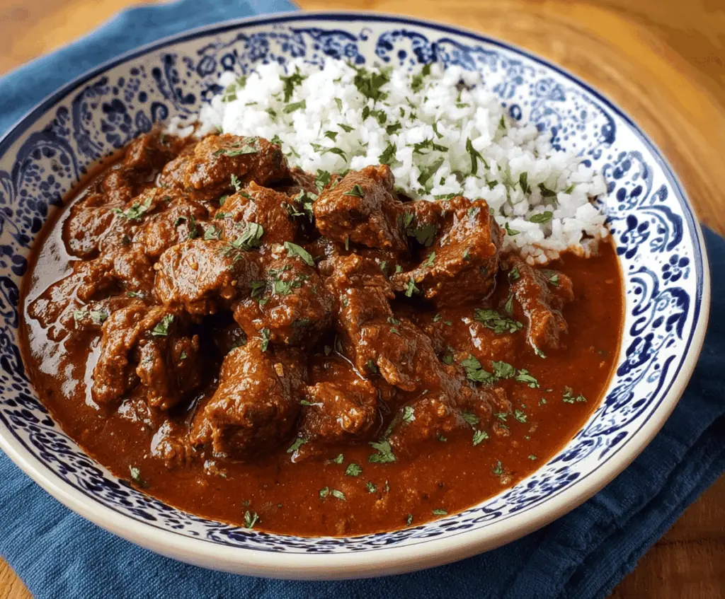 Savory Chile Colorado dish featuring tender beef chunks cooked in rich red chili sauce, served with rice and garnished with fresh cilantro