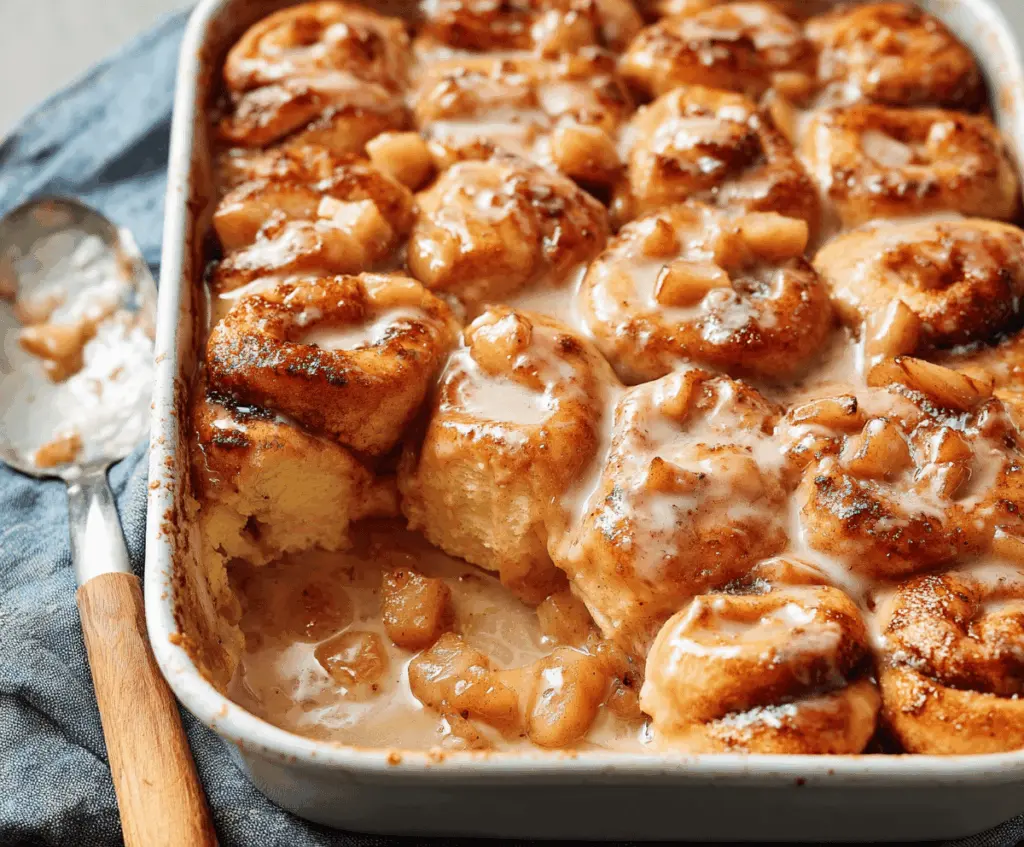 Delicious cinnamon rolls topped with apple pie filling, showcasing a warm, inviting dessert with cinnamon-spiced sweetness and tender pastry