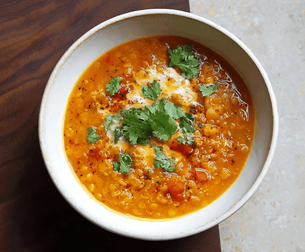 A bowl of creamy coconut curry lentil soup garnished with fresh herbs and served with a side of crusty bread, showcasing vibrant orange and green colors.