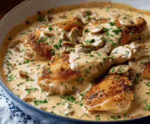 Creamy French Style Chicken served with fresh herbs and a rich, velvety sauce on a white plate