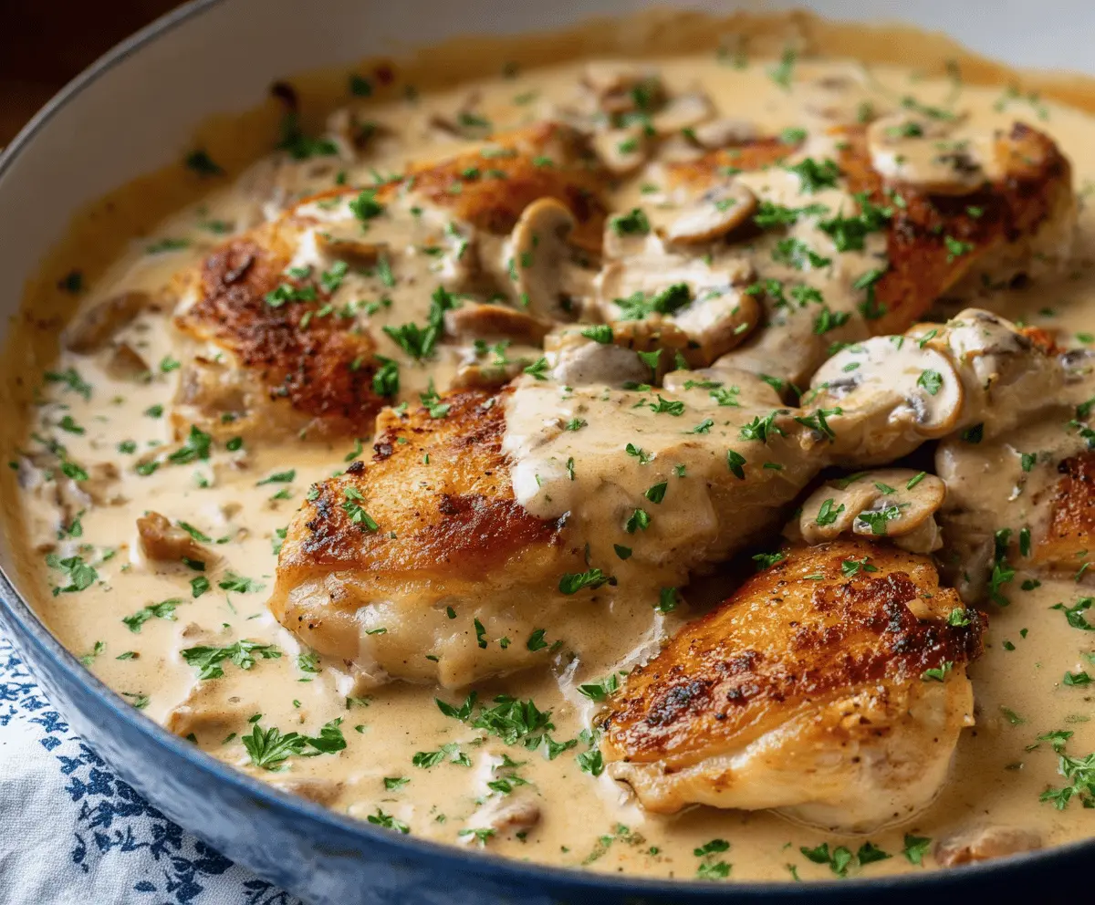 Creamy French Style Chicken served with fresh herbs and a rich, velvety sauce on a white plate