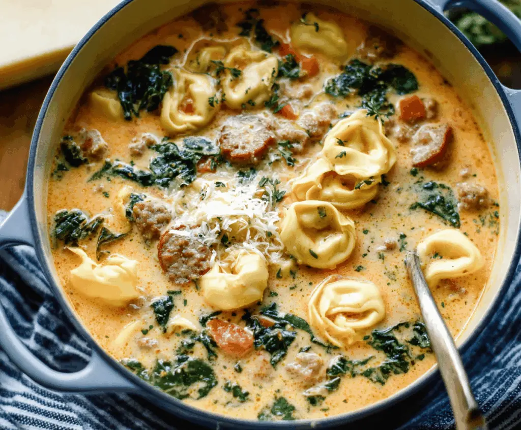 Creamy sausage tortellini soup in a bowl with spinach and melted cheese, served hot with fresh herbs, perfect for a comforting meal