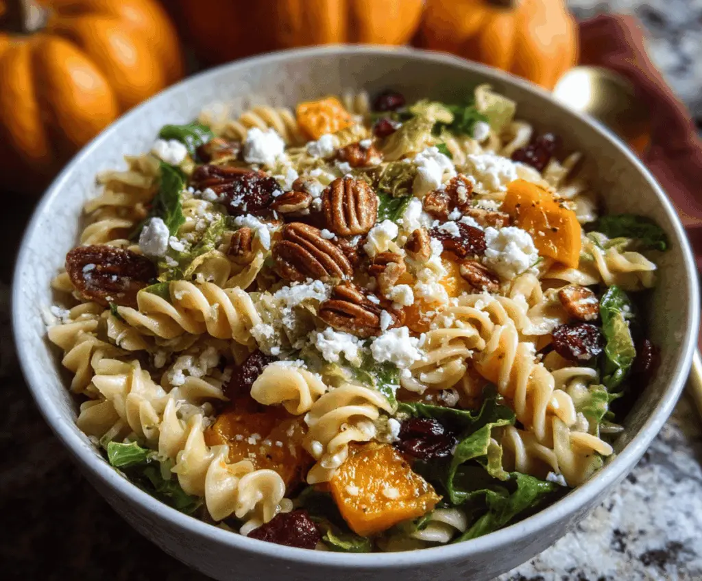 Colorful fall harvest pasta salad with seasonal vegetables, vibrant herbs, and feta cheese in a bowl, perfect for autumn gatherings.