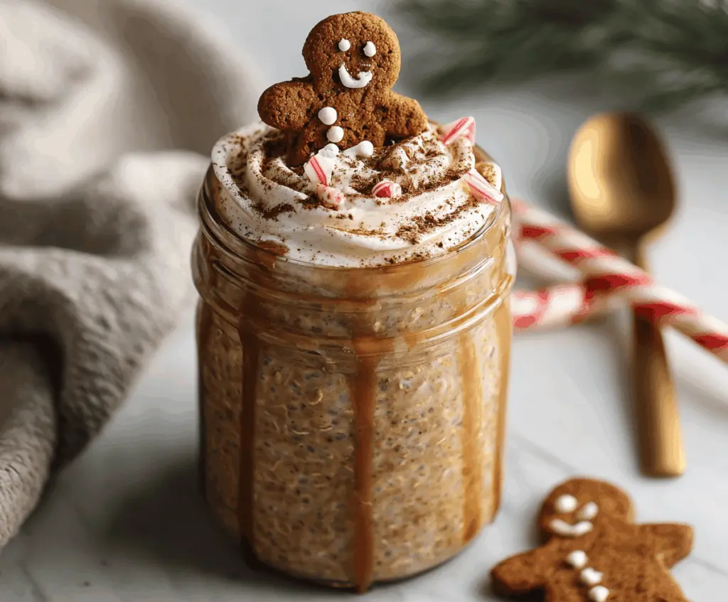 Creamy gingerbread cookie overnight oats topped with festive spices and gingerbread cookies, perfect for a holiday breakfast