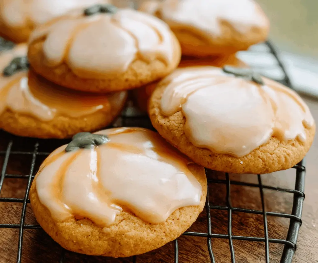 Delicious glazed pumpkin sugar cookies topped with festive icing, perfect for fall treats and holiday baking.