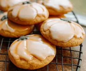 Delicious glazed pumpkin sugar cookies topped with festive icing, perfect for fall treats and holiday baking.