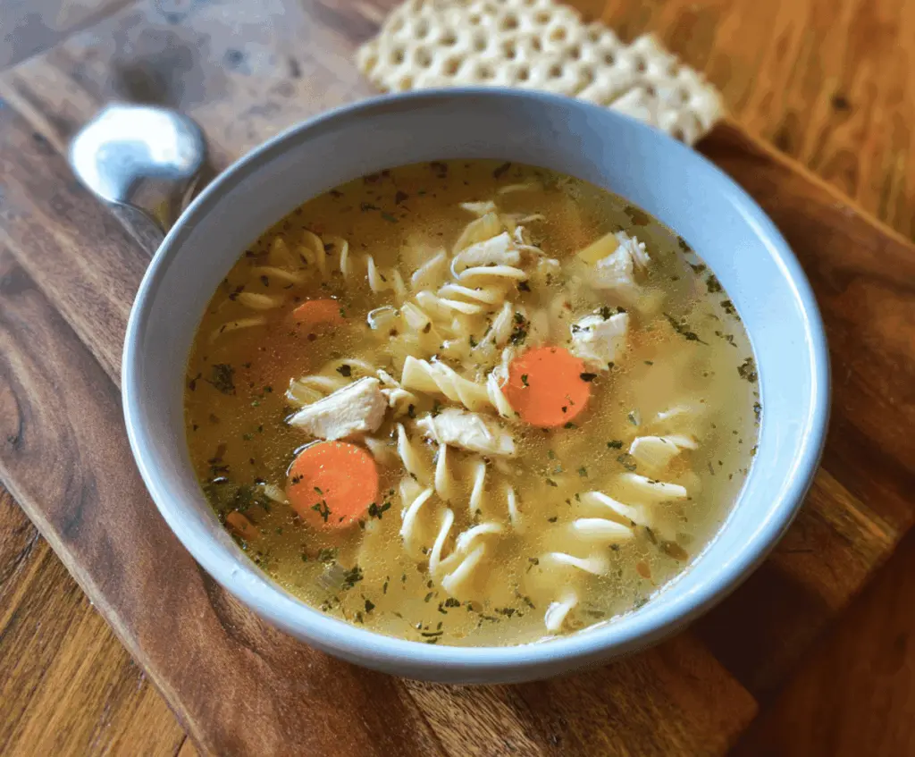 A steaming bowl of gluten-free chicken noodle soup with tender chicken, fresh vegetables, and gluten-free noodles garnished with herbs, perfect for a comforting and allergy-friendly meal.