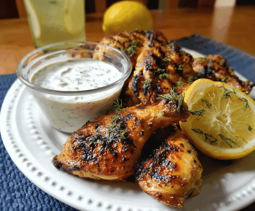 Juicy grilled lemonade chicken served with a creamy yogurt dipping sauce on a plate, garnished with fresh herbs