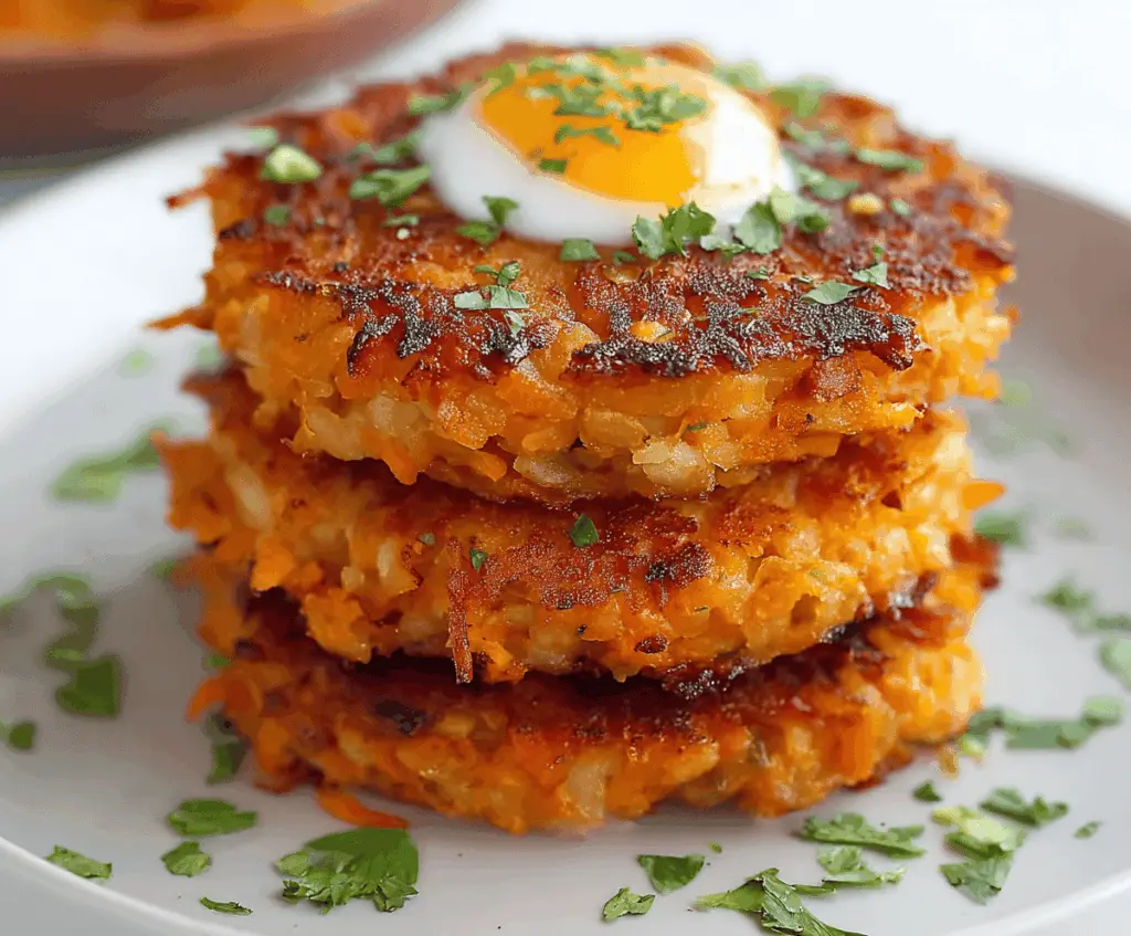 Crispy healthy sweet potato hash browns served on a plate with fresh herbs, perfect for a nutritious breakfast or snack