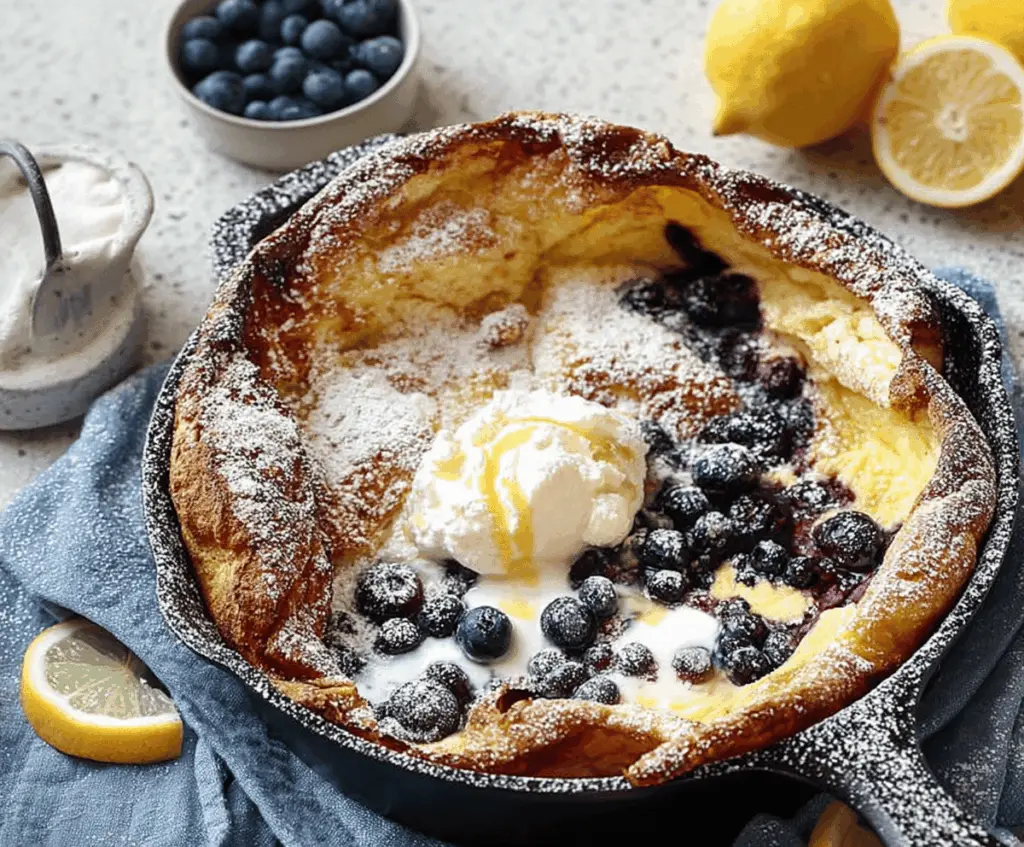 Delicious Lemon Blueberry Dutch Baby pancake served on a plate, garnished with fresh blueberries and lemon slices, perfect for six servings.