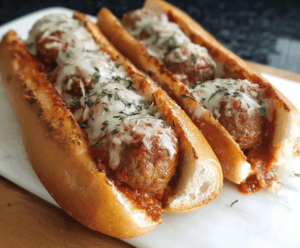 Delicious homemade meatball sub sandwich with melted cheese, marinara sauce, and fresh bread ready to eat