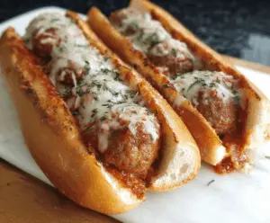 Delicious homemade meatball sub sandwich with melted cheese, marinara sauce, and fresh bread ready to eat