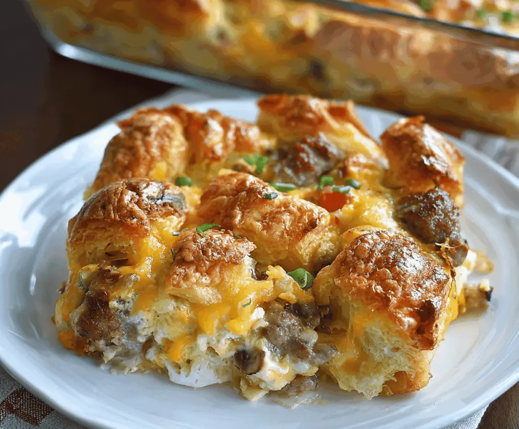 Delicious overnight croissant breakfast casserole with eggs, cheese, and fresh vegetables ready to serve