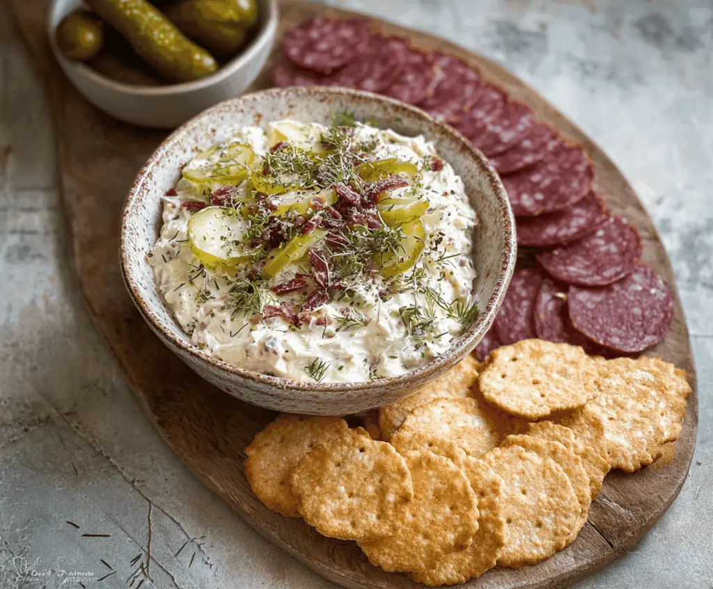 Creamy Salami Pickle Dip served with fresh vegetables and crackers, perfect for snacking or parties.