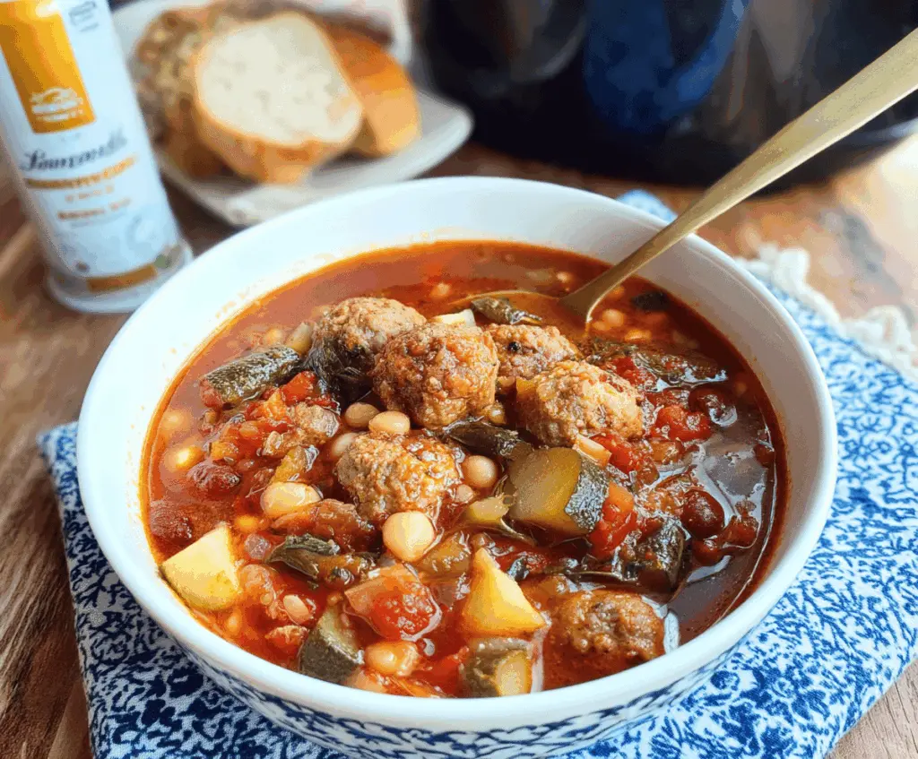 Hearty slow cooker Mediterranean meatball minestrone stew with colorful vegetables and savory meatballs in a bowl
