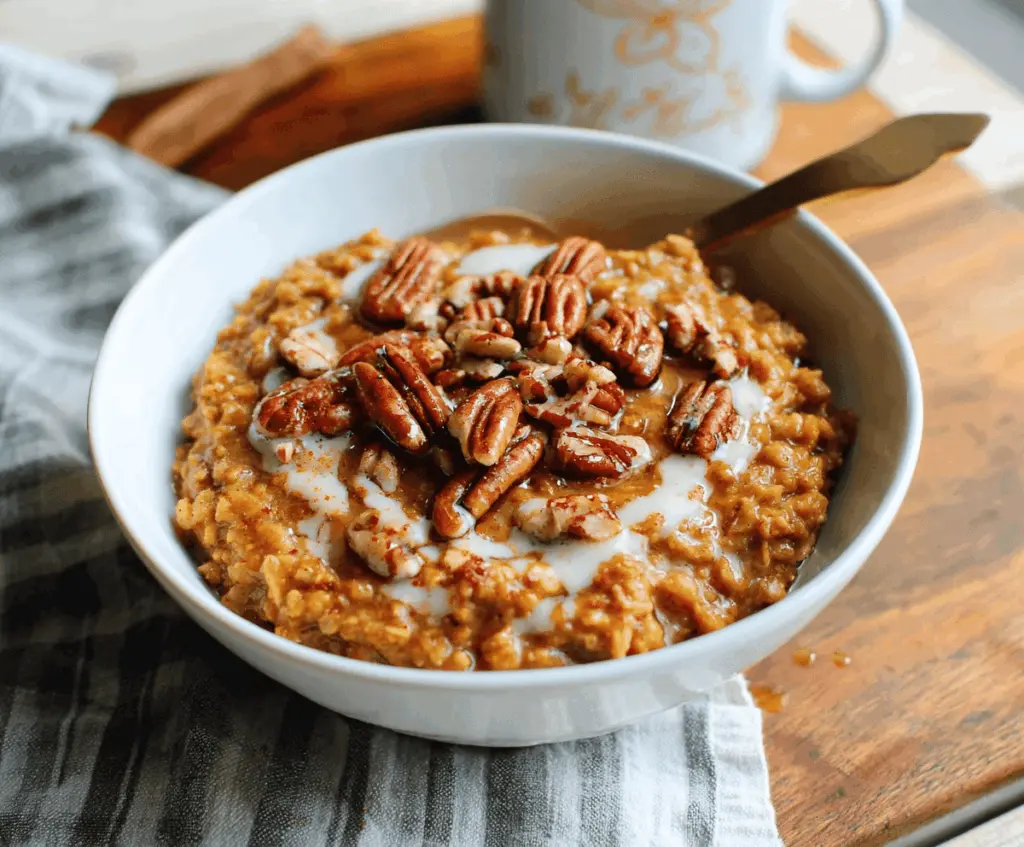 Creamy slow cooker pumpkin pie oatmeal topped with whipped cream and cinnamon for a cozy, healthy breakfast