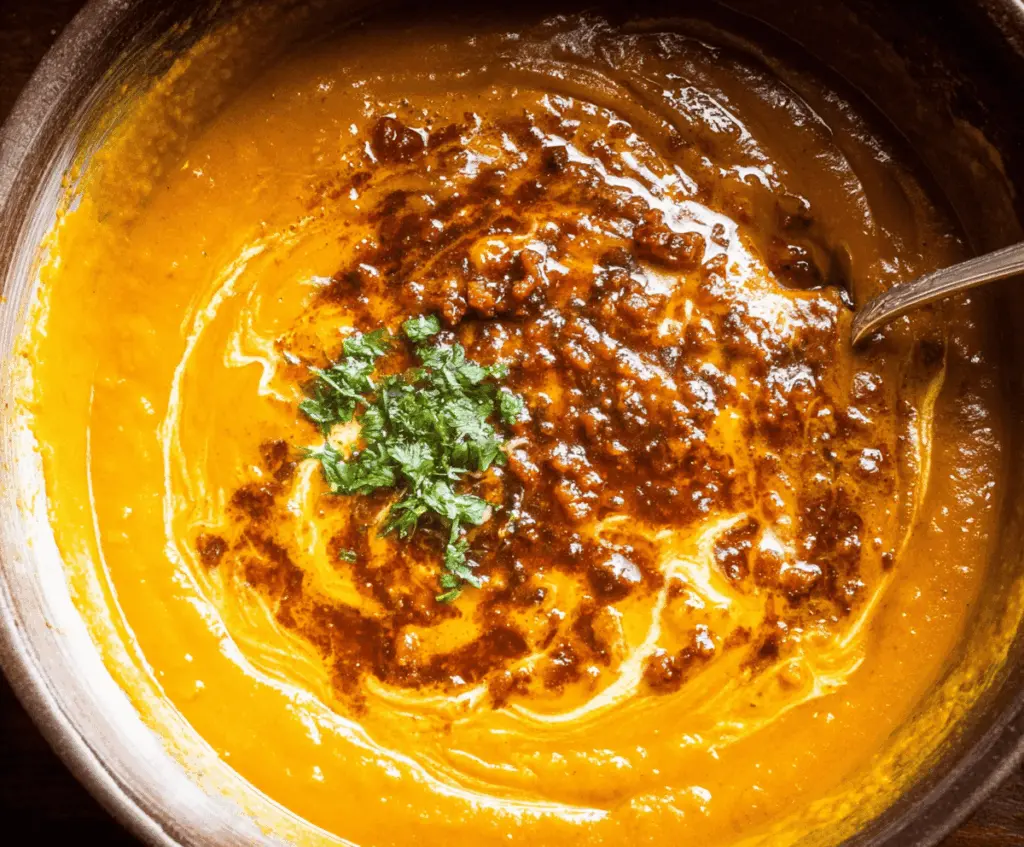 Creamy spicy chorizo pumpkin soup garnished with fresh herbs in a rustic bowl, perfect for autumn comfort food.