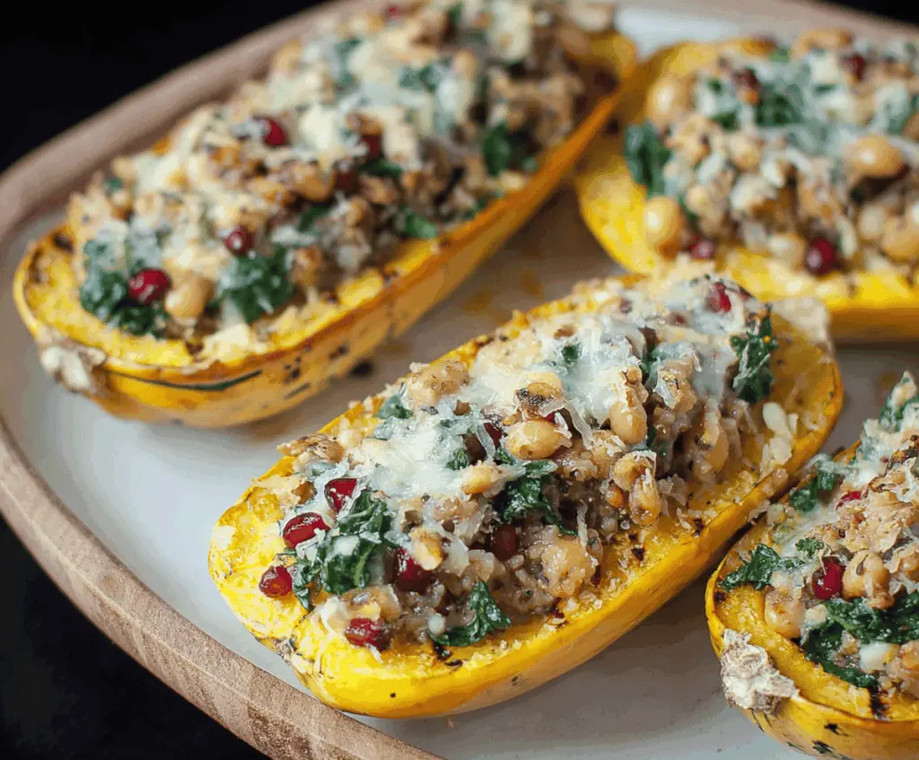 Delicata squash halves stuffed with savory filling, topped with herbs, ready to serve.
