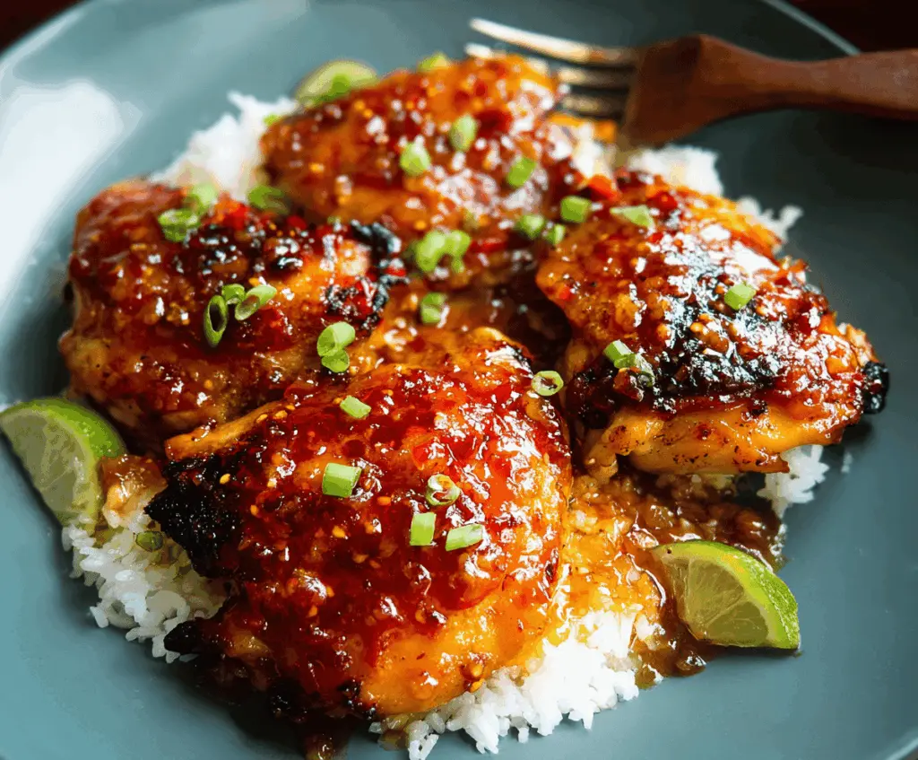 Juicy chicken breast glazed with sweet chili sauce, garnished with fresh herbs, served on a white plate for a flavorful Sweet Chili Glazed Chicken recipe.