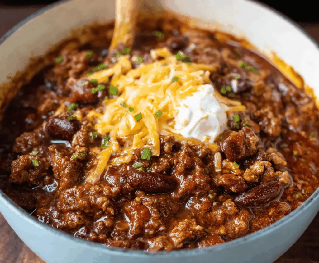 Delicious bowl of The Pioneer Woman Chili topped with shredded cheese, fresh herbs, and sour cream, served in a rustic bowl on a wooden table.