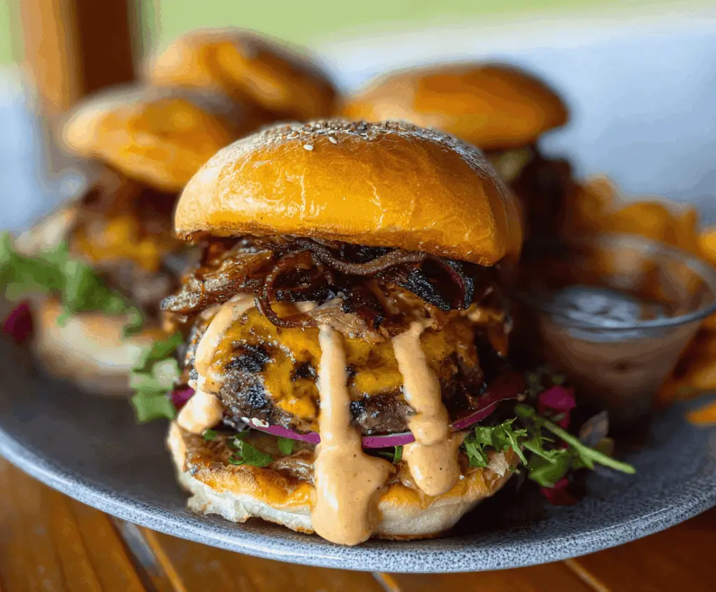 Juicy Thrilled Foodie Smash Burgers topped with melted cheese, fresh lettuce, tomato, and pickles on a toasted bun, ready to enjoy.