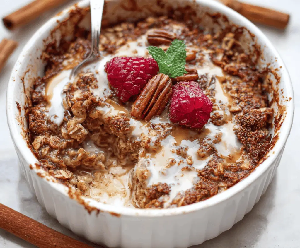Delicious Vanilla Chai Baked Oatmeal topped with cinnamon and fresh fruit, perfect for a cozy breakfast