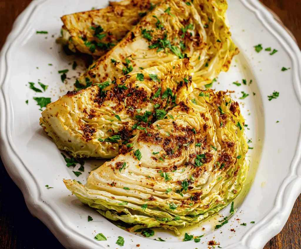 Crispy air fryer cabbage wedges served on a plate, perfect for a healthy appetizer or side dish