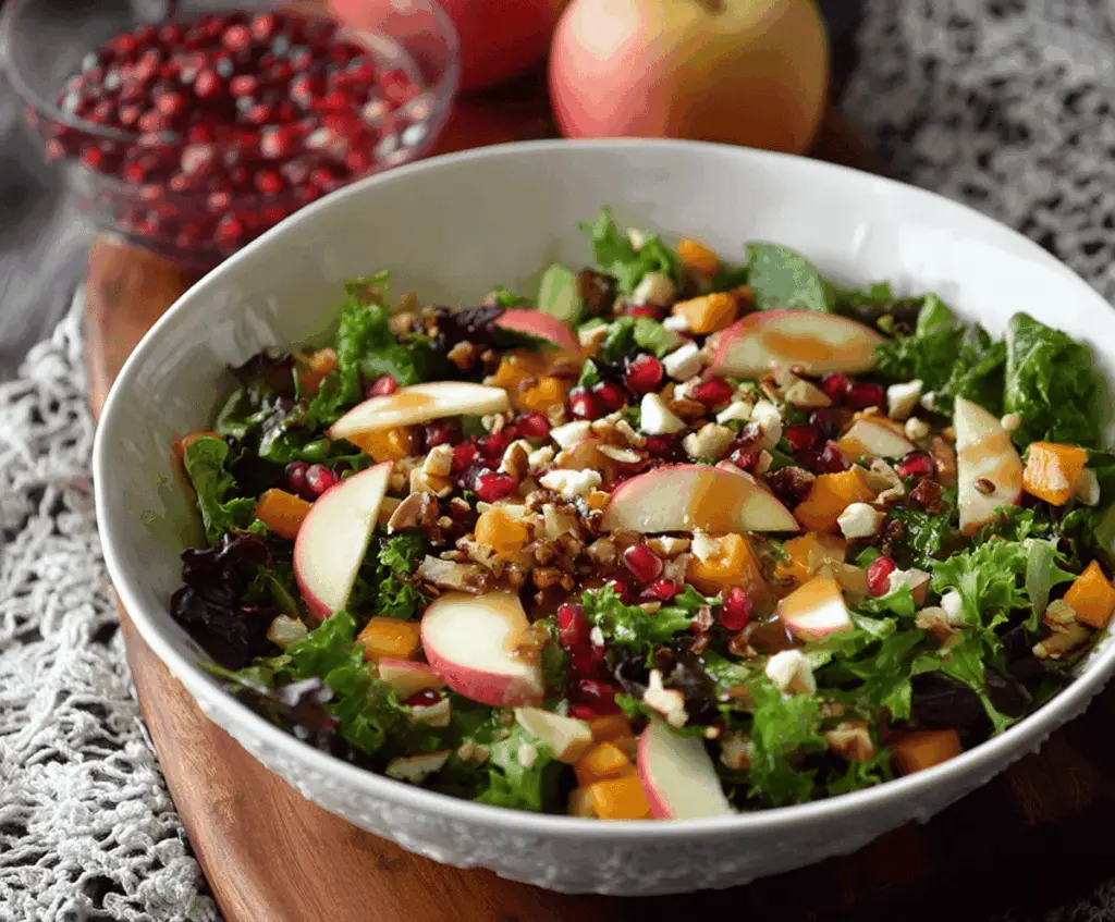Fresh autumn salad with mixed greens, sliced apples, walnuts, and apple cider vinaigrette dressing on a rustic plate.