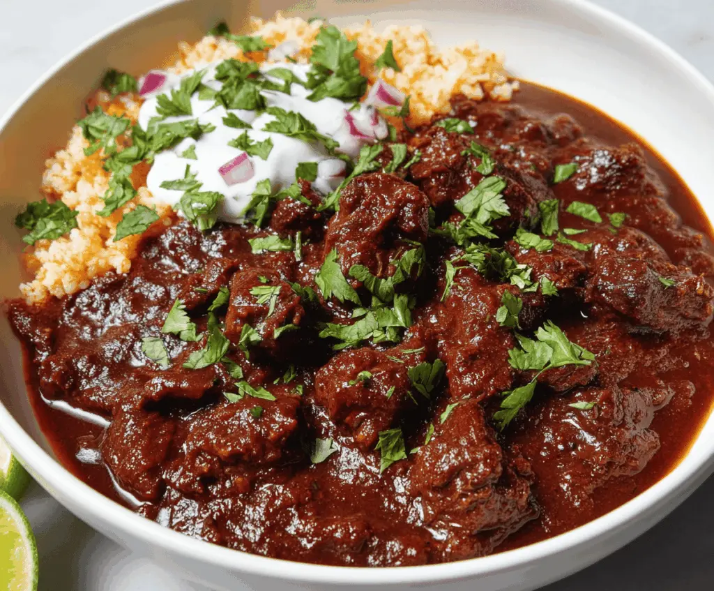 Savory Beef Chile Colorado served with rice and garnished with fresh cilantro on a plate