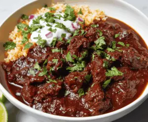 Savory Beef Chile Colorado served with rice and garnished with fresh cilantro on a plate