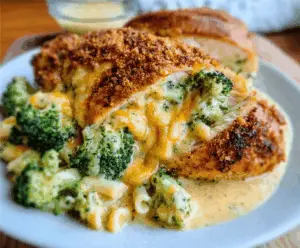 Delicious Broccoli Cheddar Chicken dish with melted cheese and fresh broccoli florets.