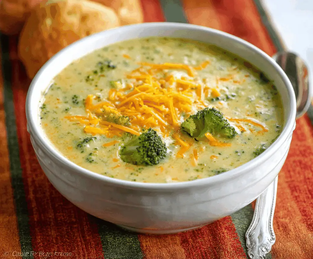 Creamy broccoli cheddar soup served in a bowl with fresh broccoli florets and melted cheddar cheese, perfect for a comforting meal.