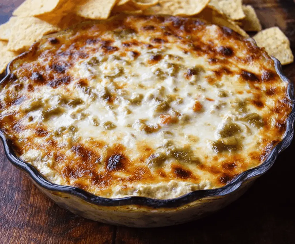 Creamy and flavorful cheesy Hatch green chile dip served in a bowl with fresh ingredients, perfect for snacking or parties.