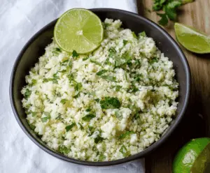 Fresh Cilantro Lime Cauliflower Rice served in a bowl, garnished with chopped cilantro and lime wedges, perfect for a healthy, low-carb meal.