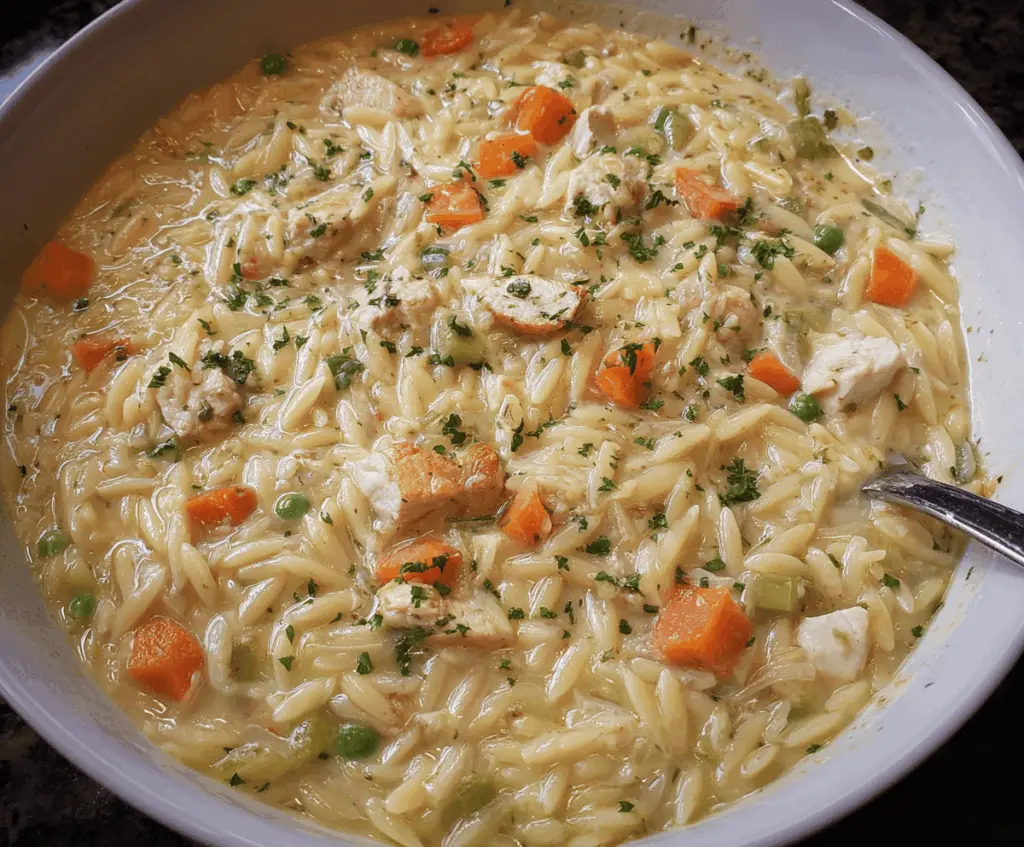 Creamy Chicken Pot Pie ORZO served in a white bowl, garnished with herbs, highlighting a comforting and savory meal.