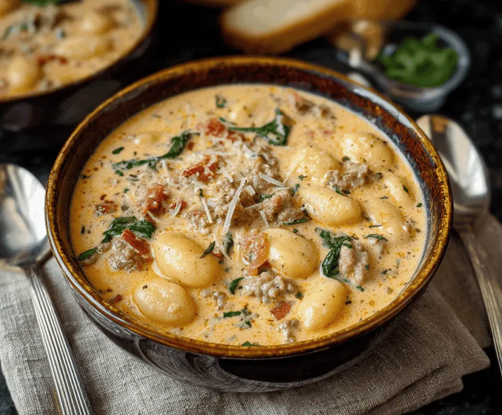 Creamy Italian Sausage Gnocchi Soup in a bowl with fresh herbs, showcasing tender gnocchi, savory sausage, and creamy broth for a comforting meal